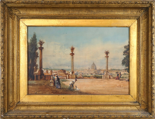 Ippolito Caffi - Veduta di Roma dalla terrazza del Pincio, acquarello su carta, cm 30x45, entro cornice.