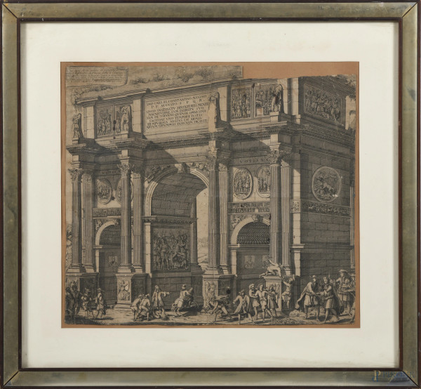 Arco di Costantino, XIX secolo, incisione su carta, cm 42x47, entro cornice, (segni di usura, rifilature, segni di piegature, abrasioni)