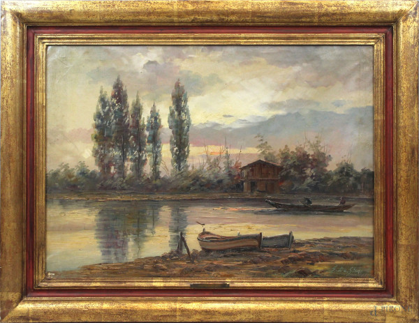 Guy De Simoni - Crepuscolo sul fiume, olio su tela, cm 50x70, entro cornice