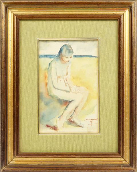 Nudo femminile, acquerello su carta, XX secolo, cm 23x17 (compreso passepartout), entro cornice