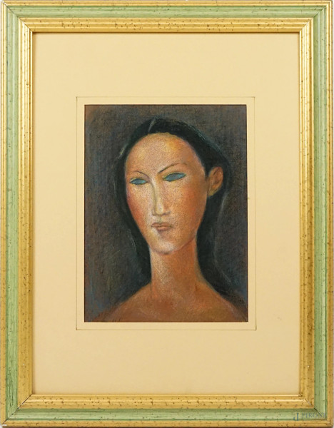 Omaggio a Modigliani, Volto di donna, tecnica mista su carta, cm 29,5x22