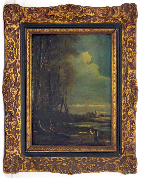 Paesaggio con figura, olio su tela, 40x30 cm, entro cornice firmato, XIX sec.