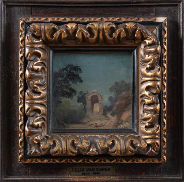 Sentiero con edicola, XIX secolo, olio su carta, cm 10,5x10,5, entro cornice, (ondulazioni e increspature del supporto)