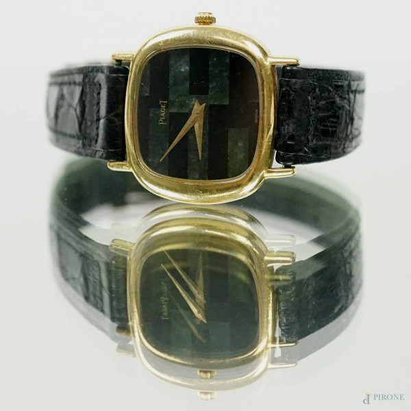 Piaget, Orologio da polso da donna, in oro 18 kt, cinturino in pelle nera, lunghezza cm 20.5, (segni di utilizzo, meccanismo da revisionare).