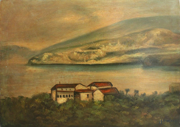 Paesaggio costiero, olio su tela firmato, cm 50 x 70.