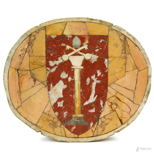 Piano ovale in commesso di marmi policromi, XIX secolo, decoro centrale raffigurante stemma con colonna sormontata dalla tiara papale, cm 56x48x3, cm 56x47,5x3, (difetti)