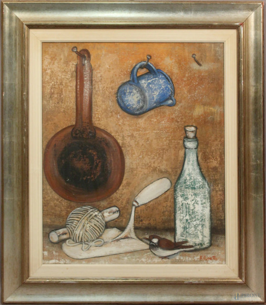 Remo Pasetto - Bottiglie, olio su tela, cm. 60x50, firmato e datato a tergo, entro cornice.