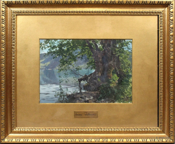 Enrico Coleman - Lago di Nemi, olio su tela, cm. 24x35, firmato in basso a destra &quot;E. Coleman Lago di Nemi 1874&quot;, entro cornice.