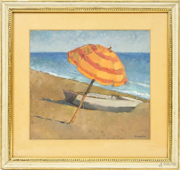 Spiaggia di Ostia, olio su tavoletta, cm 29x32, firmato, in cornice