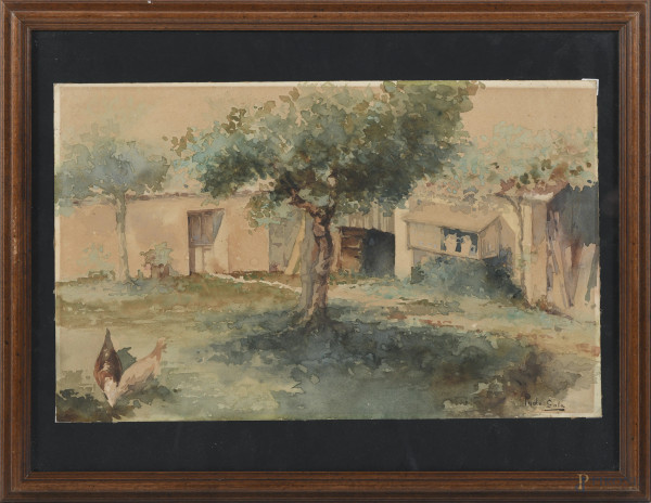 Il giardino, XX secolo, acquerello su carta, cm 26x42, firmato in basso a destra, entro cornice, (segni di usura, ossidazione della carta)