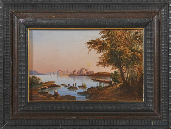 Paesaggio costiero al tramonto, XX secolo, olio su tela, cm 28x42, firmato in basso a sinistra, entro cornice, (segni di usura, restauri, difetti)