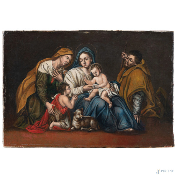 Sacra Famiglia con Sant'Anna e San Giovannino, XVIII-XIX secolo, olio su tela, cm 35,5x62, (segni di usura)