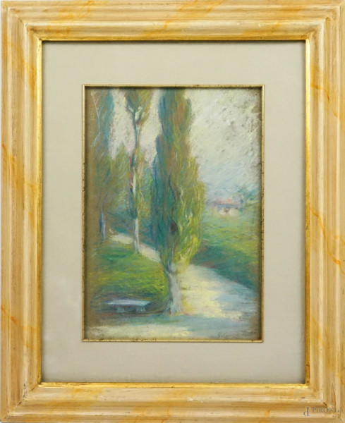 Viale con alberi, pastello su carta, cm 34x23, firmato, entro cornice