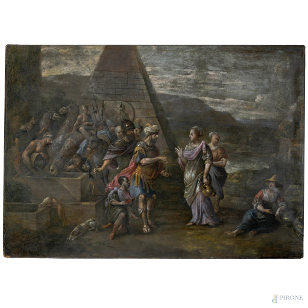 Eliezer e Rebecca al pozzo, olio su tela, XVII secolo, cm 95x130, (difetti)