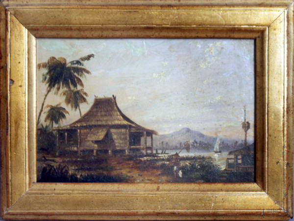 Paesaggio orientale, olio su cartone, cm. 17x24, entro cornice.