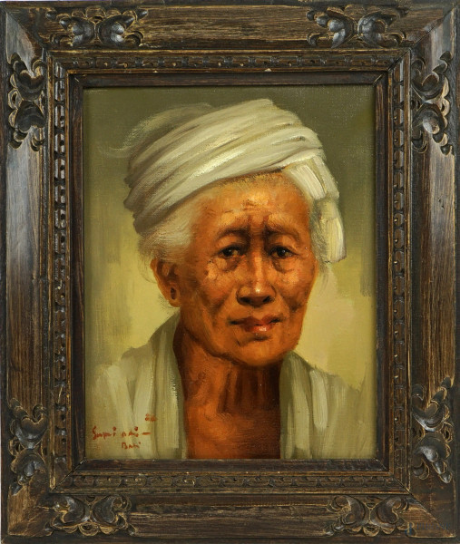 Ritratto di donna orientale, olio su tela, cm 25x20, firmato e datato in basso a sinistra, entro cornice