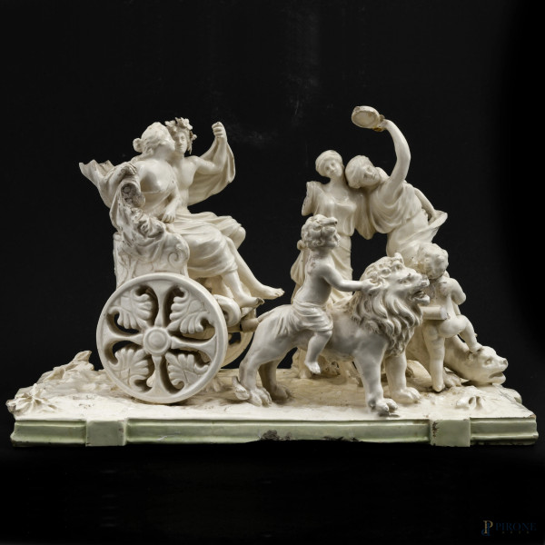 Gruppo in maiolica raffigurante il Trionfo di Bacco e Arianna, Manifattura di Bassano, XIX secolo, cm 25x42,5x18,5  (rotture, scheggiature, mancanze, restauri diffusi)