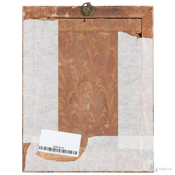 Bagno di Betsabea, XVIII secolo, tecnica mista su carta, cm 12x8, entro cornice, (lievi segni di ...