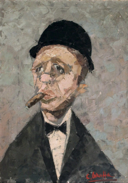 Cesare Laruffa, Uomo con sigaro, olio su tela, cm 70 x 50, entro cornice.