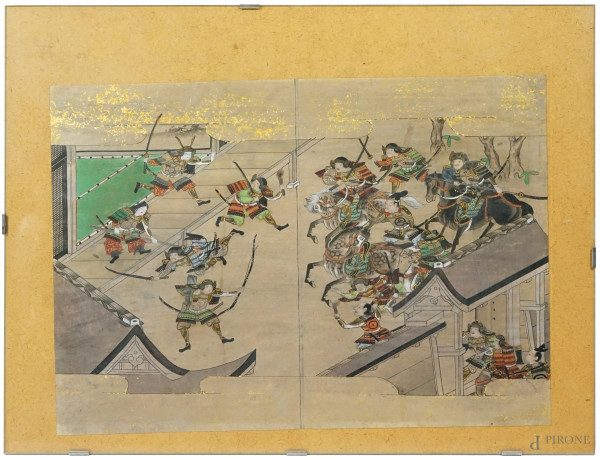 Scena di battaglia, tecnica mista su carta, cm 24x33,5, arte orientale, inizi XIX secolo.