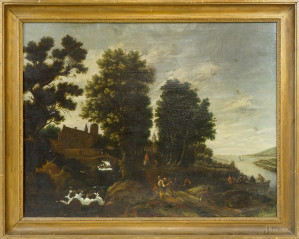 Pittore fiammingo del XVIII secolo, Paesaggio di campagna con figure, villa e sfondo di marina, olio su tela, cm 111x146, entro cornice (difetti)