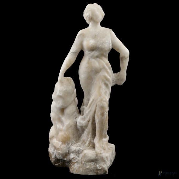 Scultura in marmo raffigurante figura femminile, XX secolo, altezza cm 29, (segni di usura, rotture, sbeccature, difetti)
