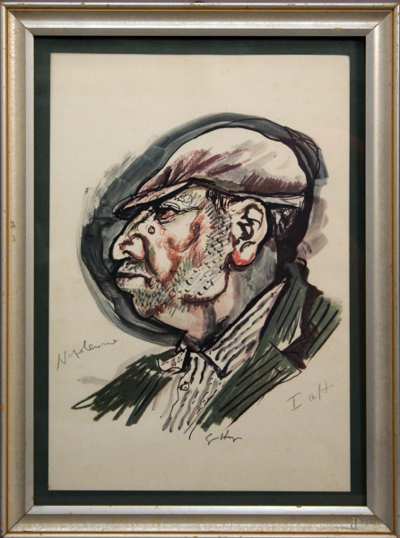 Ritratto di anziano, stampa di Renato Guttuso, 46 x 31, entro cornice.