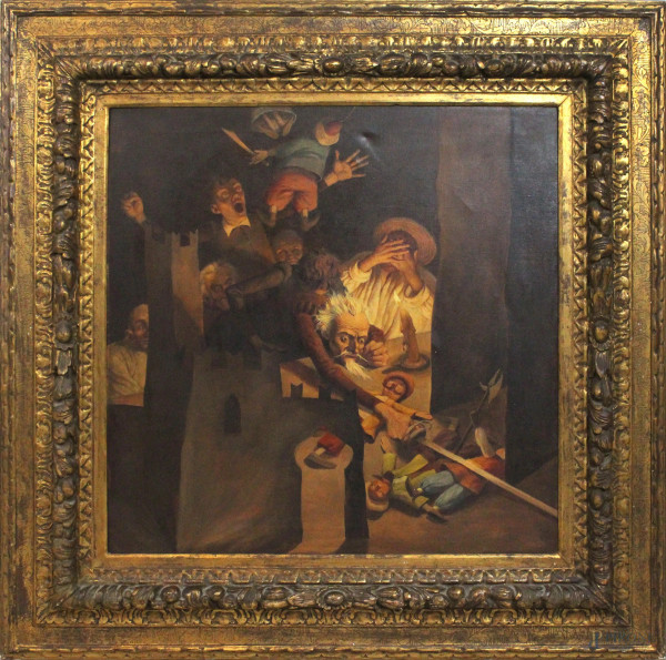 Antonino Traverso - Don Chisciotte si lancia contro i burattini, olio su tela, 1961, con dedica al retro, cm. 71x70, entro cornice.