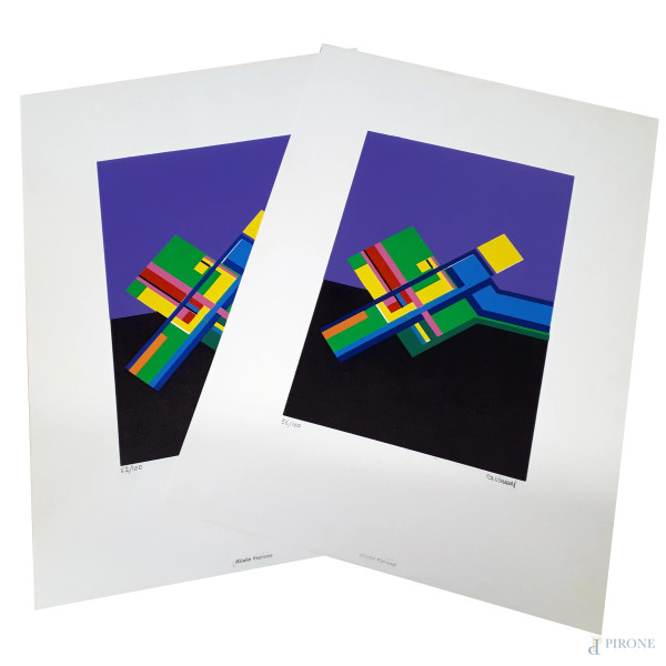 Giulio Viscione (1939-2013) Composizione geometrica, coppia di grafiche, cm 50x35, ex 56/100 e 62...