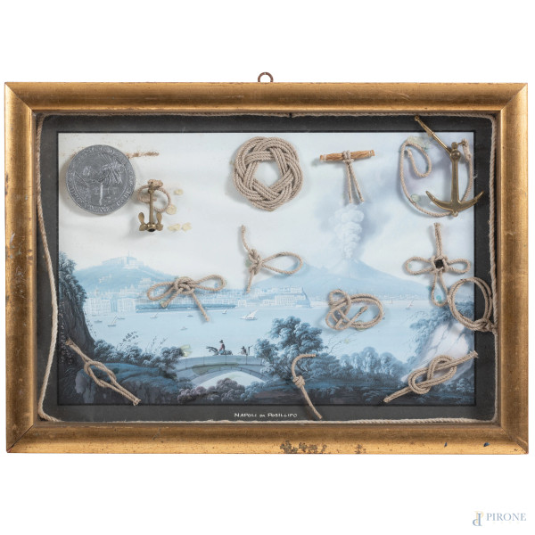 Composizione di nodi marinareschi su stampa, XX secolo, misure complessive cm 37x53, (segni di usura, difetti)