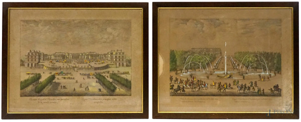 Vedute del Castello Reale di Versailles, coppia di stampe a colori, cm 47x60, fine XIX secolo, entro cornici, (macchie sulla carta).