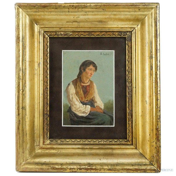 Figura di donna, olio su cartone, cm 18x13 circa, firmato Th. Duclere, entro cornice