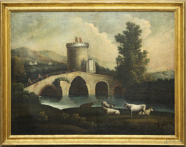 Paesaggio con ponte e torre, olio su tela 74x99 cm, entro cornice XVIII sec.