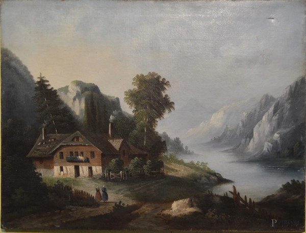 Paesaggio fluviale con baita e figure, olio su tela 65x48 cm, firmato, XIX sec.