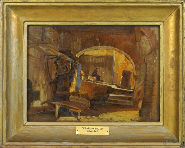 Cesare Gheduzzi - Scorcio con figura, olio su tavoletta, cm 22,5x31,5, entro cornice