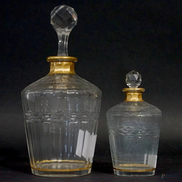 Due bottiglie porta profumo in vetro con particolari dorati, Daum Nancy, Francia, inizi XX secolo, alt. max cm 21