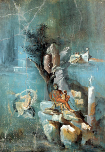 Scena mitologica, tecnica mista su compensato, cm. 45x31.