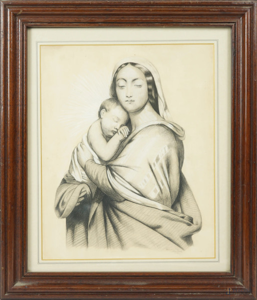 Madonna con il Bambino, matita su carta, XX secolo, firmato in basso a destra, cm 41,5x34,5, entro cornice