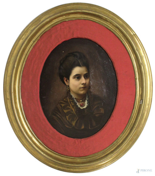 Pietro Saltini - Ritratto della contessa Letizia Fiammetta Paolozzi, olio su cartoncino, ad assetto ovale, cm. 22x14, entro cornice.