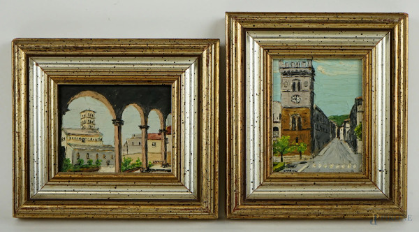 Coppia di miniature raffiguranti scorci di paese, olio su tavola, cm 9x7, firmate, entro cornici