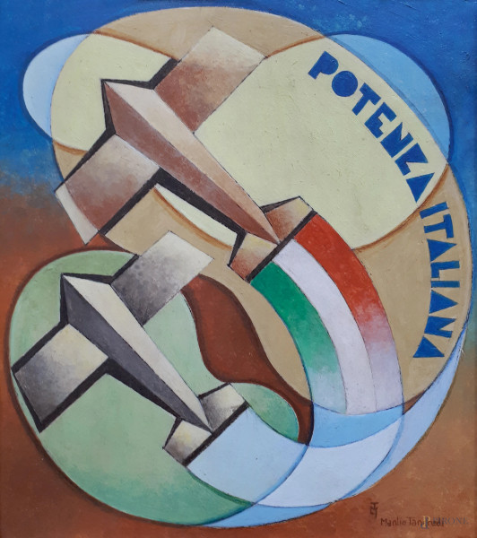 Manlio Tancredi (XX sec.), Potenza italiana, aeropittura ad olio su tavola, cm 23x20, firmato in basso a destra, con cornice