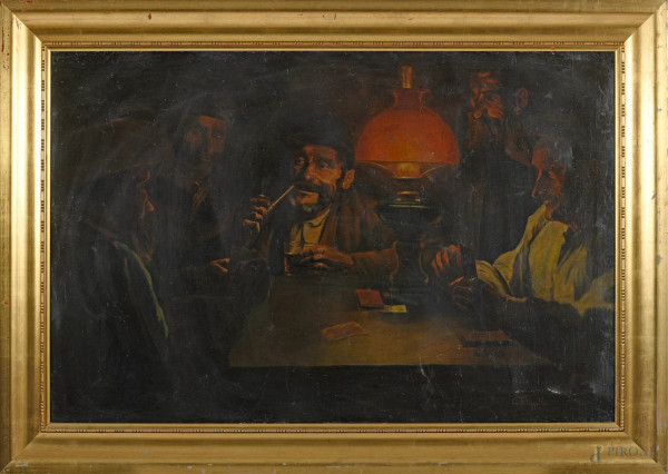 Giocatori di carte, olio su tela, XX secolo, cm 83,5x126, entro cornice, firmato in basso a destra, (difetti)