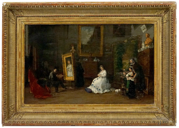Pittore del XIX secolo, L'atelier del pittore, olio su tela, cm 45,5x73,5, entro cornice, (la tela presenta fori)