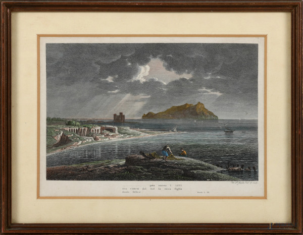 Stampa raffigurante Veduta del Circeo, XX secolo, cm 27x35 compreso passepartout entro cornice