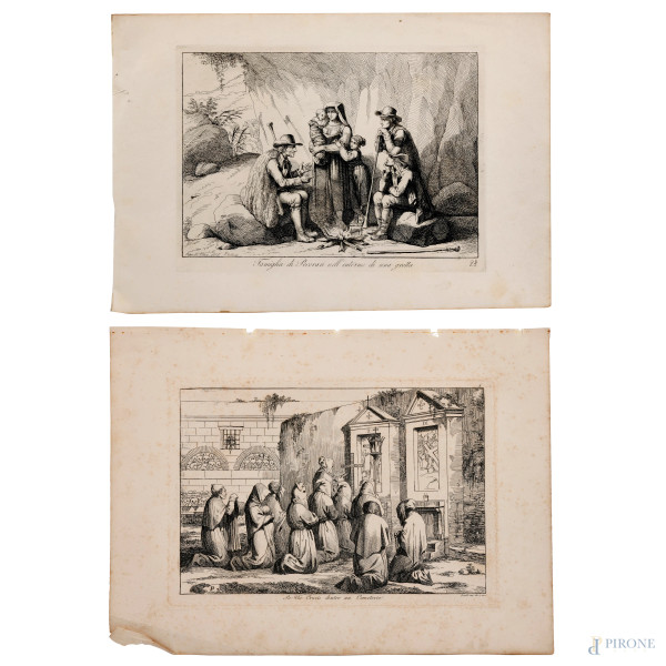Bartolomeo Pinelli (1781 –  1835) Coppia di acqueforti raffiguranti "La via crucis dentro un cemeterio" e "Famiglia di pecorari nell'interno di una grotta", misure massime foglio cm 28x41 (tracce di umidità, foxing, strappi)