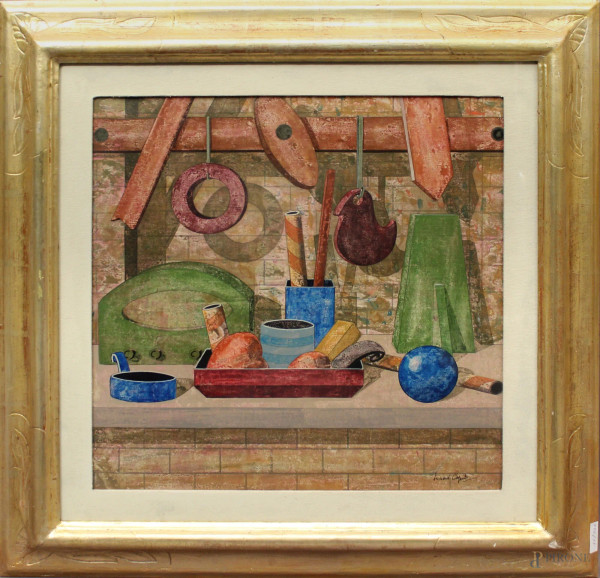 Luigi Caputo - La Bottega, natura morta, olio su tela, cm 50 x 50, entro cornice.