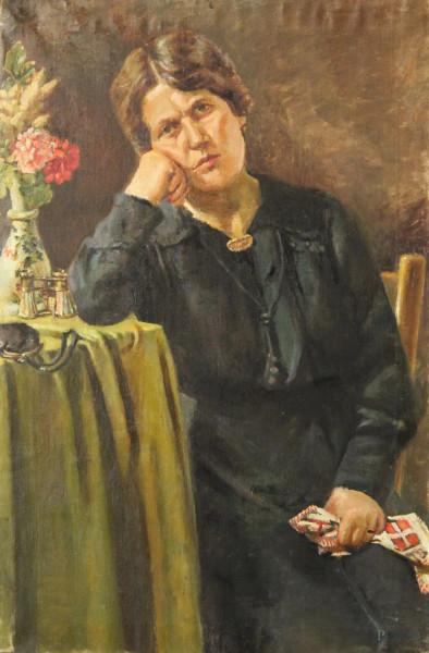 Ritratto di donna, olio su tela, cm 63 x 97, entro cornice.
