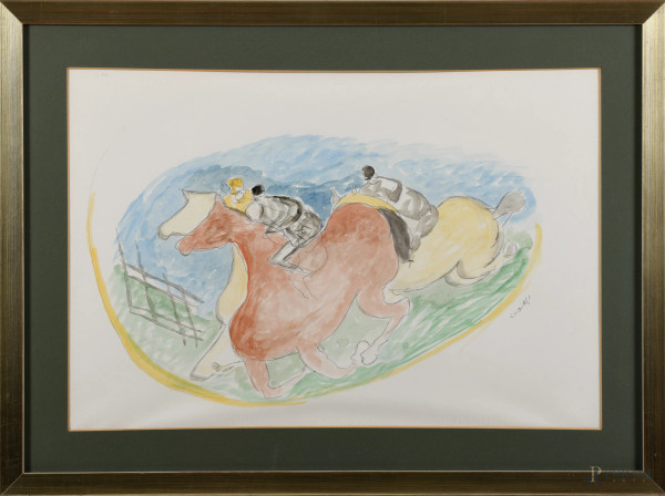 Giuseppe Cesetti (1902-1990), Corsa di Cavalli, acquerello su carta, cm 41x61, firmato in basso a destra, entro cornice