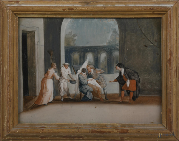 Figure in costume, XIX-XX secolo, dipinto sottovetro, cm 22,5x31, entro cornice, (segni di usura, cadute di pigmento, rotture, difetti)