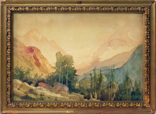 Attilio Invernizzi, Paesaggio, acquarello su carta, cm 33x48, entro cornice.  - Asta Antiquariato e Arte Moderna - Aste Pirone